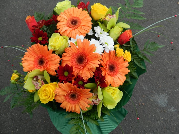 Bouquet of Orange Gerberas, Yellow Roses, and Orchids