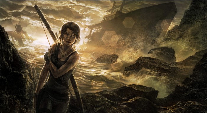 Lara Croft from Tomb Raider 2013 on a rocky shore
