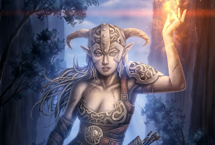 Elf warrior casting magic from The Elder Scrolls V: Skyrim