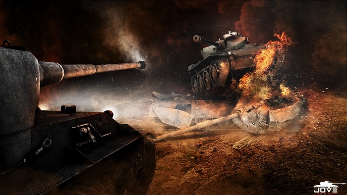 World of Tanks battle with burning tanks