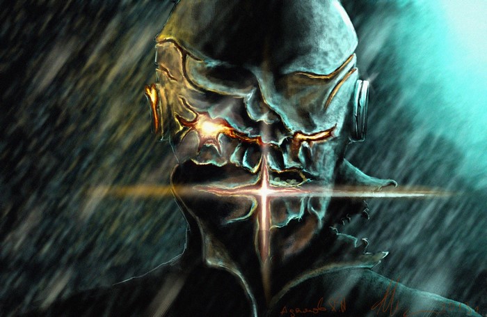 A monstrous, skull-like mask with glowing orange eyes