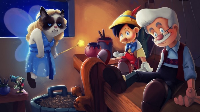 Grumpy Cat as Fairy Godmother with Pinocchio and Geppetto