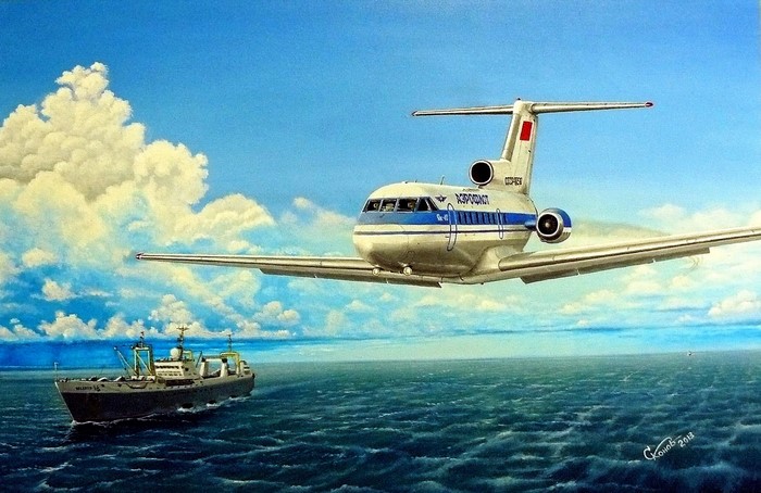 Painting of a Tupolev Tu-154 airplane flying over the sea