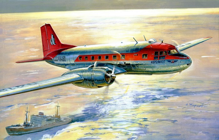 IL-14 Airplane flying over a ship