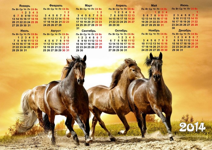 Horses running in front of a 2014 calendar