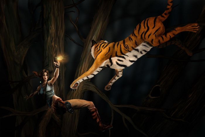 Lara Croft from Tomb Raider jumping from a tiger