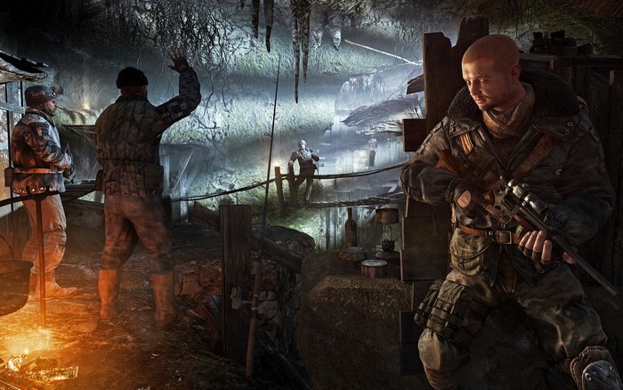 Soldiers in a dark, underground environment