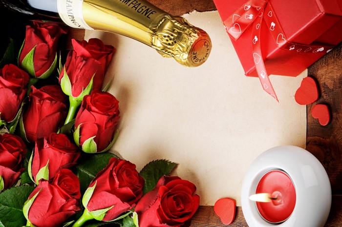 Red Roses, Champagne, Candle, and Gift