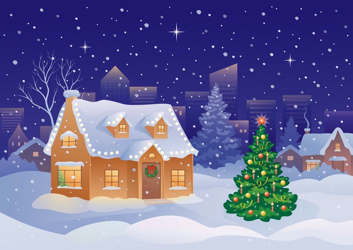 Christmas Village Scene with Snowfall