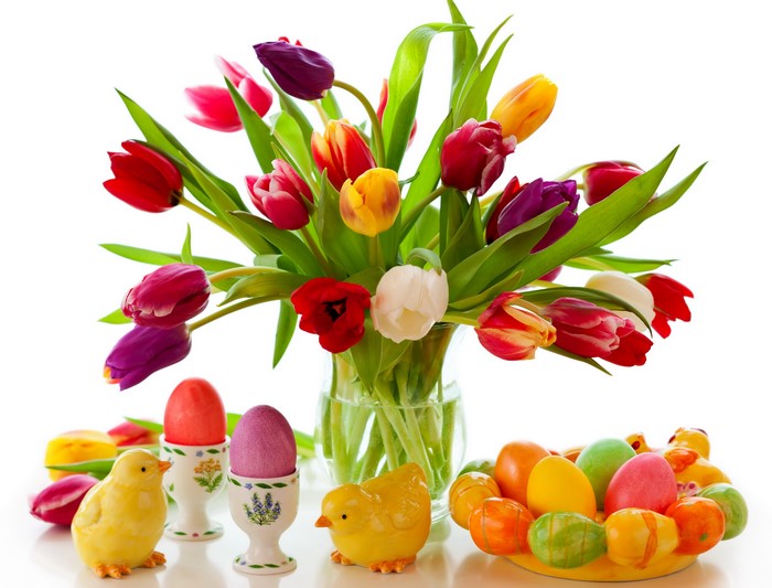 Easter Tulips, Chicks, and Eggs in a Vase