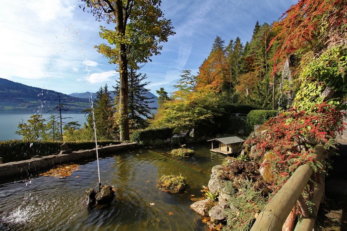 Park with fountain and lake in Beatenberg, Switzerland