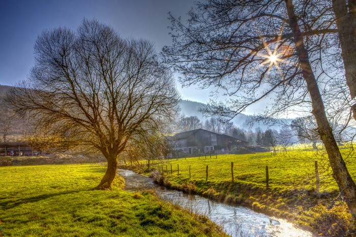 Stream flowing through a grassy field with trees and a barn