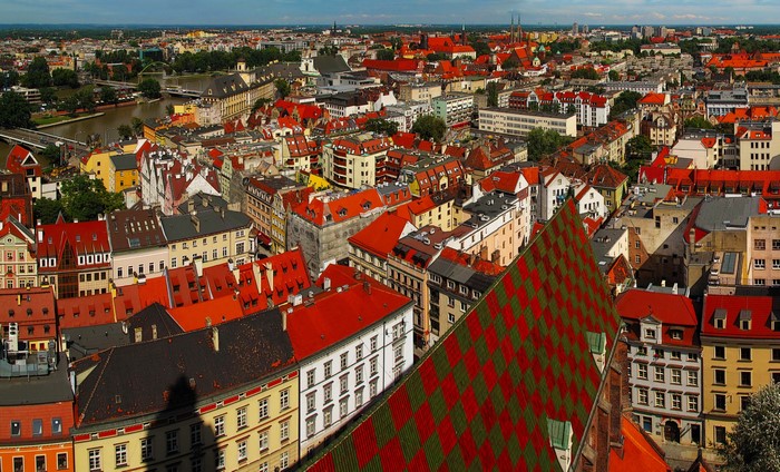 Aerial view of Wroclaw, Poland cityscape with red roofs