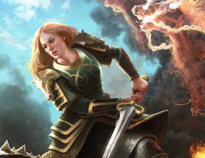 Warrior Woman with Sword and Fiery Dragon