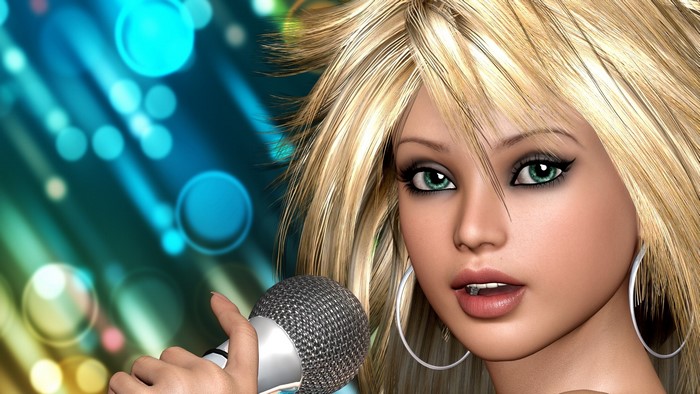 Blonde woman singing into a microphone