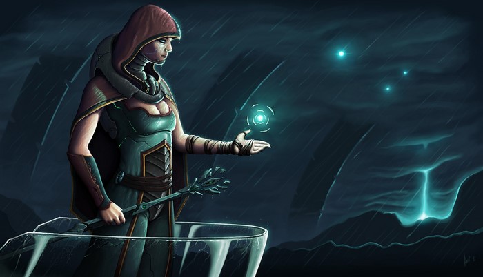 Woman in hood with glowing orb in rain
