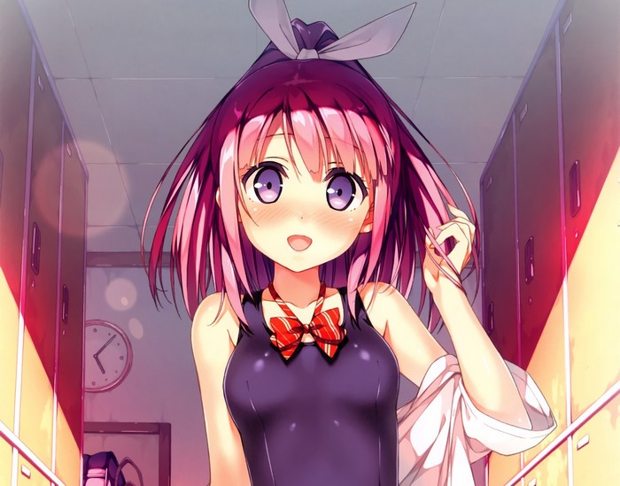 Anime girl with pink hair in a locker room