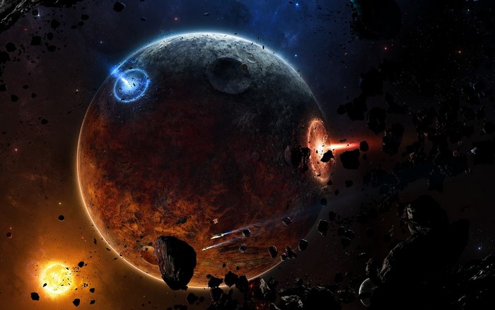 Planet being attacked by lasers and asteroids