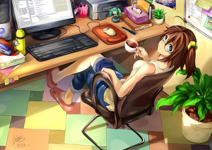 Hatsune Miku figure on a desk with a girl drinking coffee