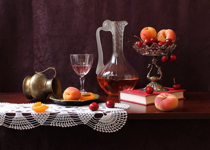 Still-life with peaches, cherries, wine, and jug