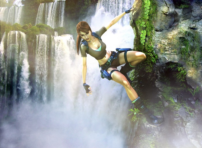 Lara Croft from Tomb Raider climbing near waterfalls