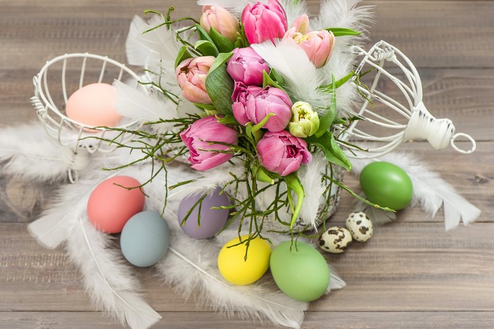 Easter Tulips and Eggs with Feathers