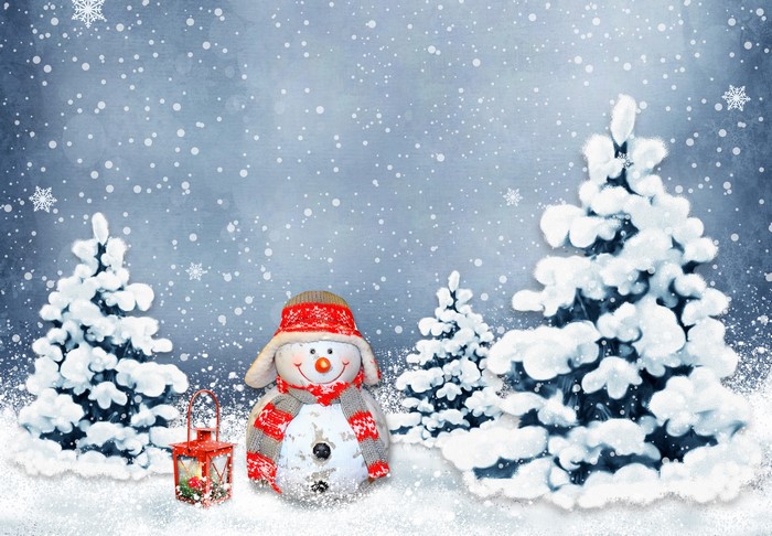 Snowman with Christmas Trees and Snowflakes