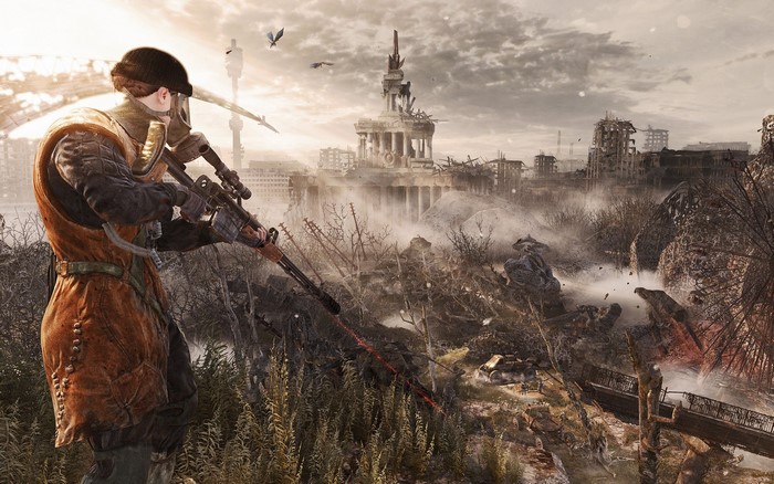 Soldier with rifle in ruined city from Metro Last Light