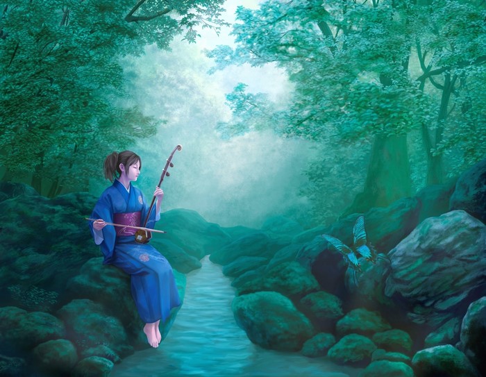 Girl in Kimono Playing Erhu by Stream with Butterfly