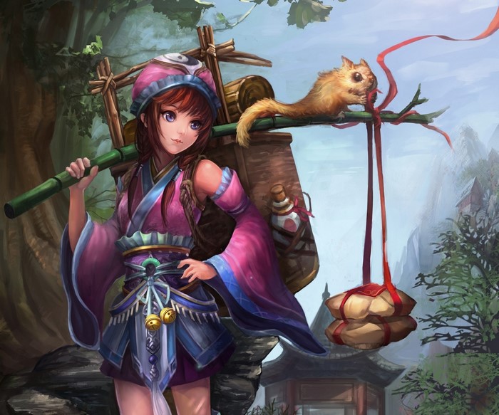 Girl with backpack and squirrel in forest