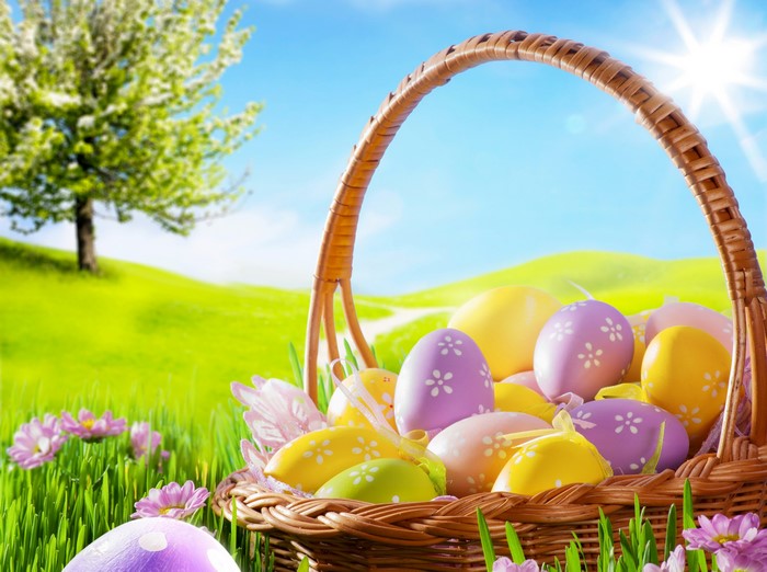 Easter basket filled with decorated eggs in a sunny meadow
