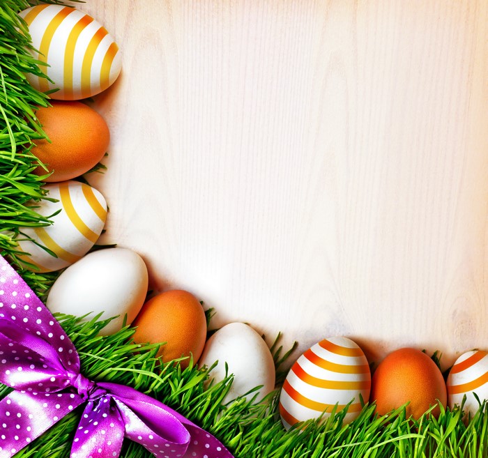 Easter Eggs with Grass and Purple Bow