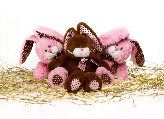Three stuffed bunnies on hay