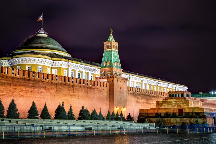 Moscow Kremlin at night with Lenin's Mausoleum