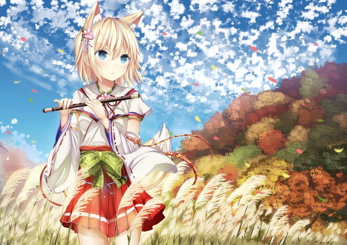 Kitsune girl playing flute in a field