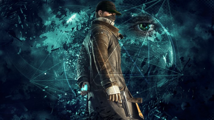 Aiden Pearce from Watch Dogs with a pistol and eye