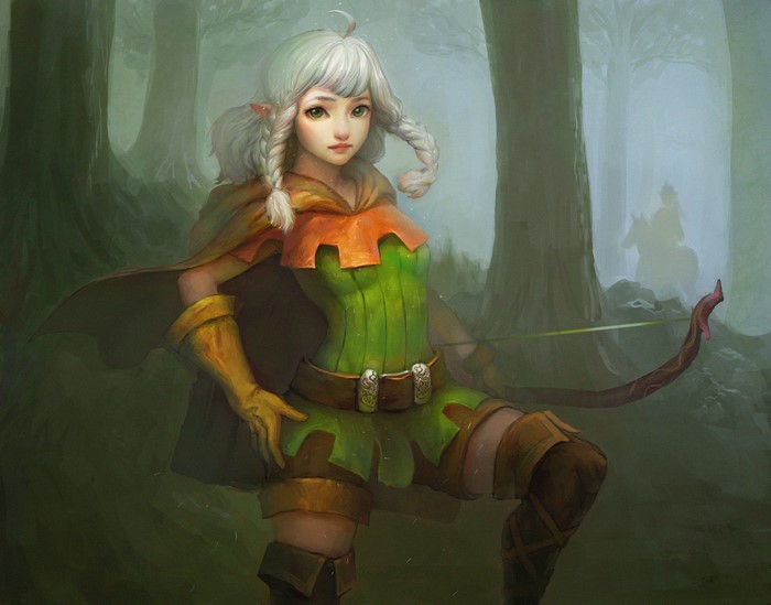 Elf archer with braided hair in a forest