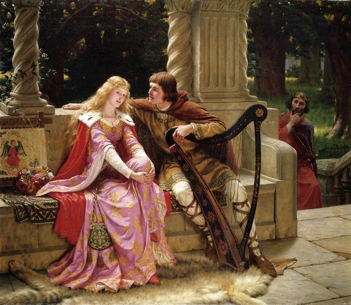 Edmund Blair Leighton's painting of a couple with a harp