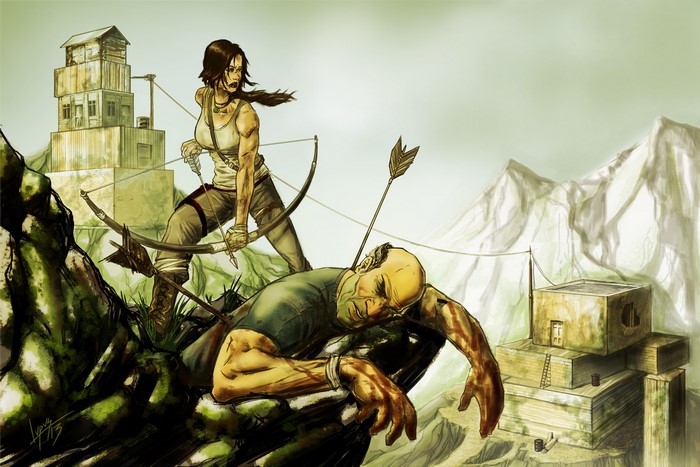 Lara Croft from Tomb Raider with a fallen enemy