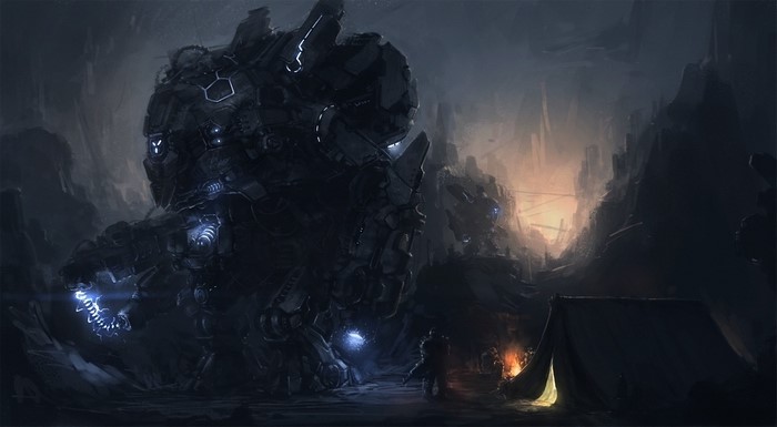 Giant Robot and Soldiers in a Ruined Landscape