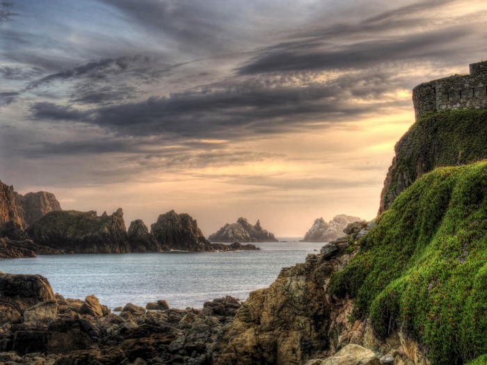 Rocky Coastline with Castle Ruins and Sea