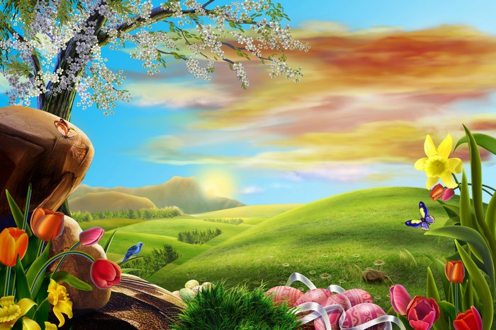 Easter Scenery with Tulips, Eggs, and Butterflies