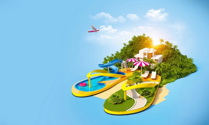 Tropical resort island on flip-flops with pool and villa