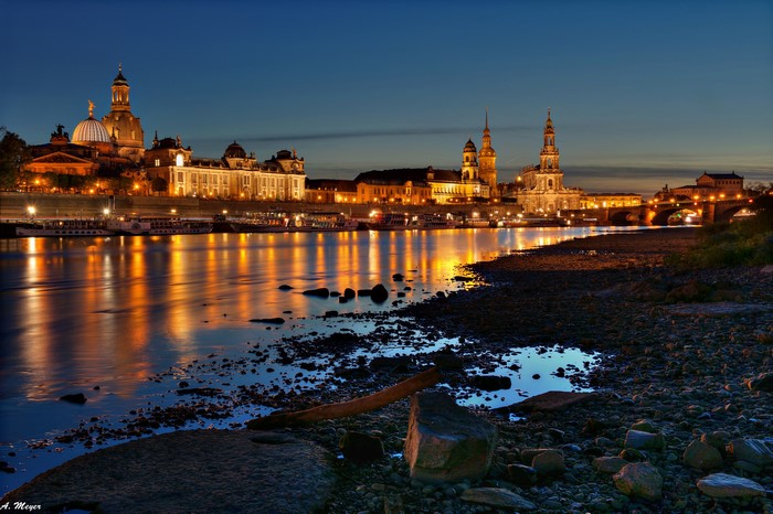 Dresden skyline at night with Elbe River
