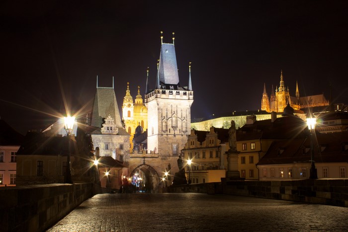 Charles Bridge at night in Prague, Czech Republic