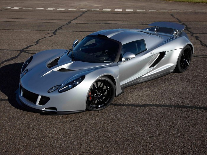 Silver Hennessey Venom GT 2010 on asphalt