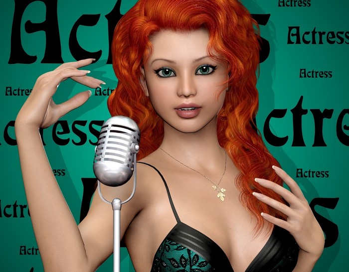 Redhead actress with microphone