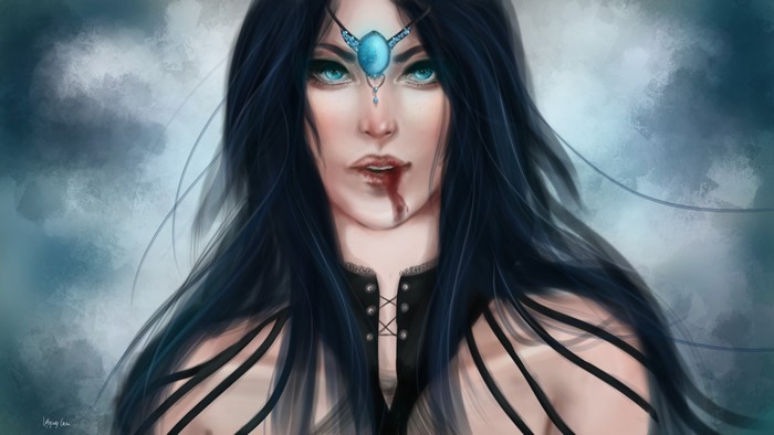 Gothic Fantasy Vampire Brunette Girl with Blood
