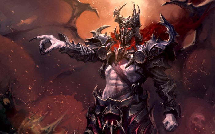 Demon warrior with horns and armor pointing forward