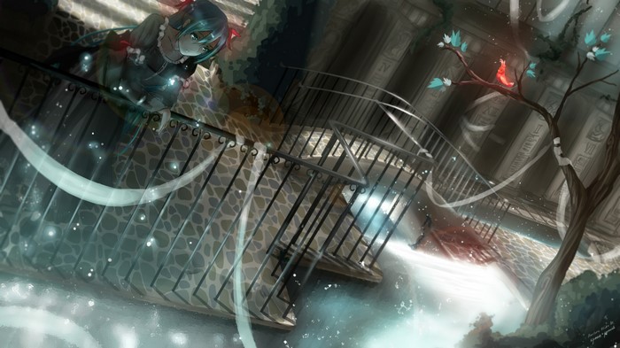 Hatsune Miku on a balcony with a bird